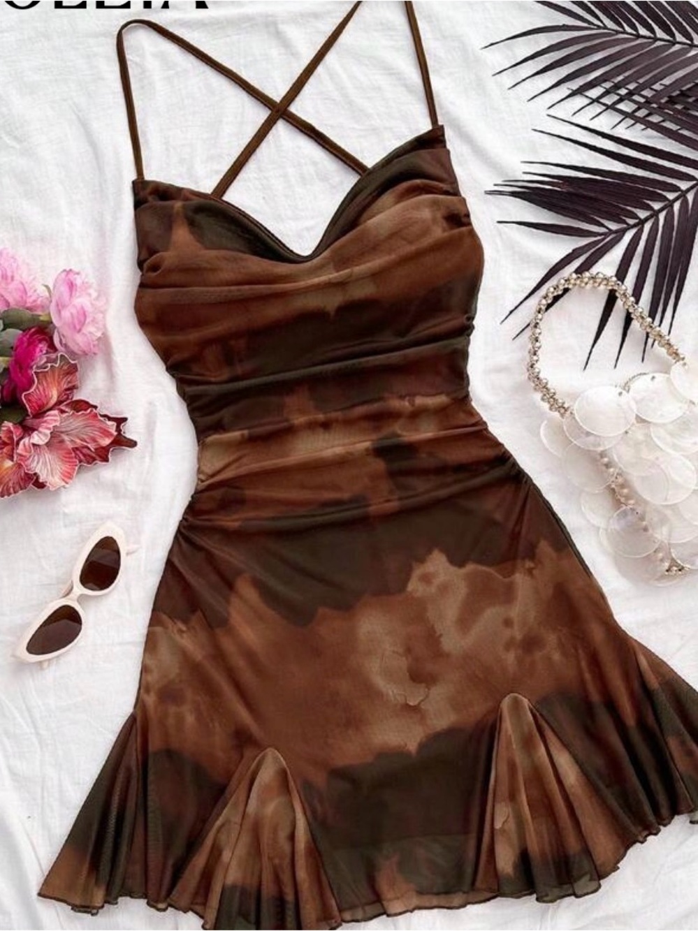 Brown Tie-Dye Slip Dress with Crisscross Straps